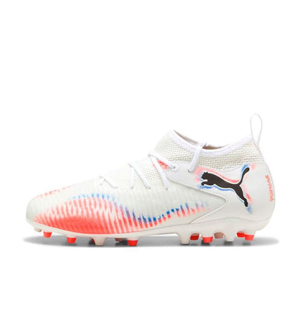 Puma Future 8 Match Mg football cleats for kids, black and yellow soccer shoes with durable outsole, designed for outdoor sport play.