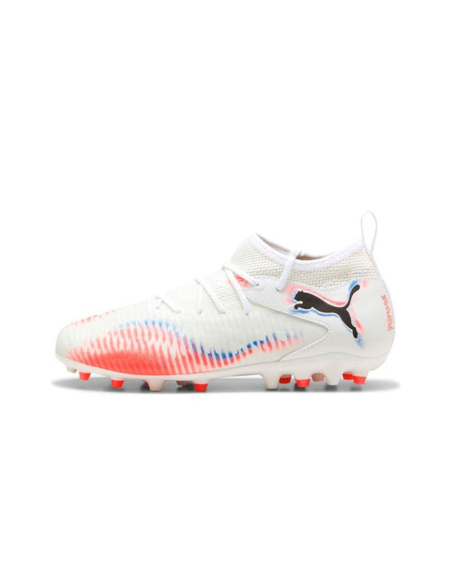 Puma Future 8 Match Mg football cleats for kids, black and yellow soccer shoes with durable outsole, designed for outdoor sport play.