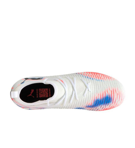 Puma Future 8 Match Mg football shoes for kids, black and white sport footwear with synthetic upper and rubber outsole.