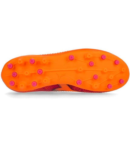 Puma Future 8 Match MG Heat Fire football soccer shoes with black and orange design, outdoor sport footwear for soccer players