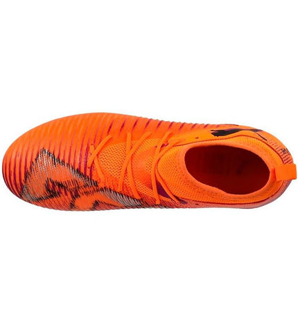 Puma Future 8 Match Mg Heat Fire soccer cleats for youth, black and orange outdoor football shoes with grip studs.