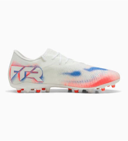 Puma Future 8 Match Low adult football shoes in black with white accents, designed for outdoor soccer performance.