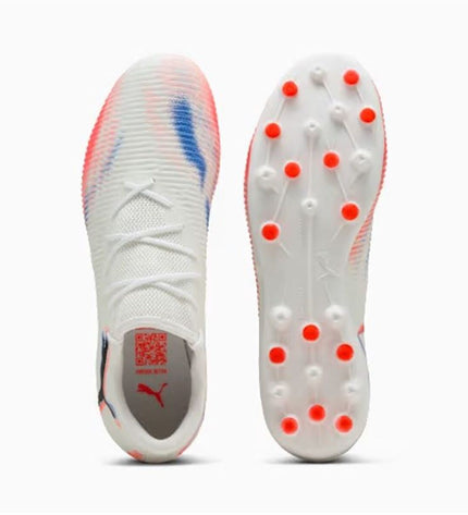 Puma Future 8 Match Low adult soccer cleats in black with white accents, designed for indoor and outdoor football play.