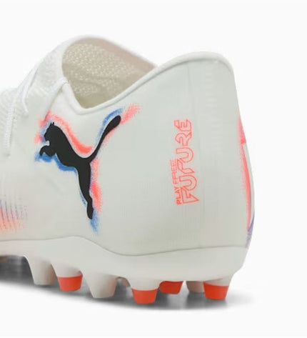 Puma Future 8 Match Low adult soccer cleats in black with white accents, designed for outdoor football playing.