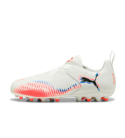 Puma Future 8 Match LL MG adult soccer cleats with black and white design, suitable for outdoor football matches.