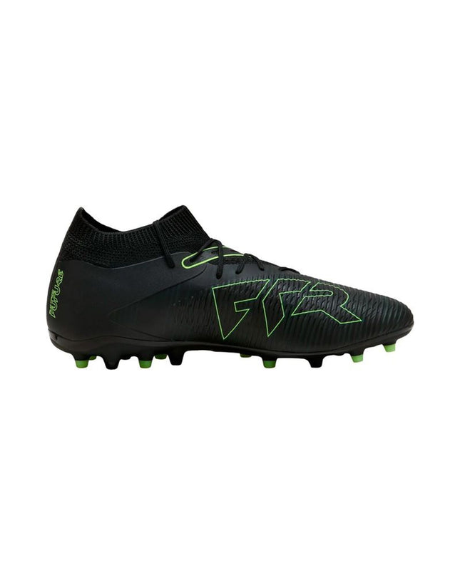 Black Puma Future 8 Match MG adult football cleats for outdoor soccer, featuring durable stud configuration and sporty design.