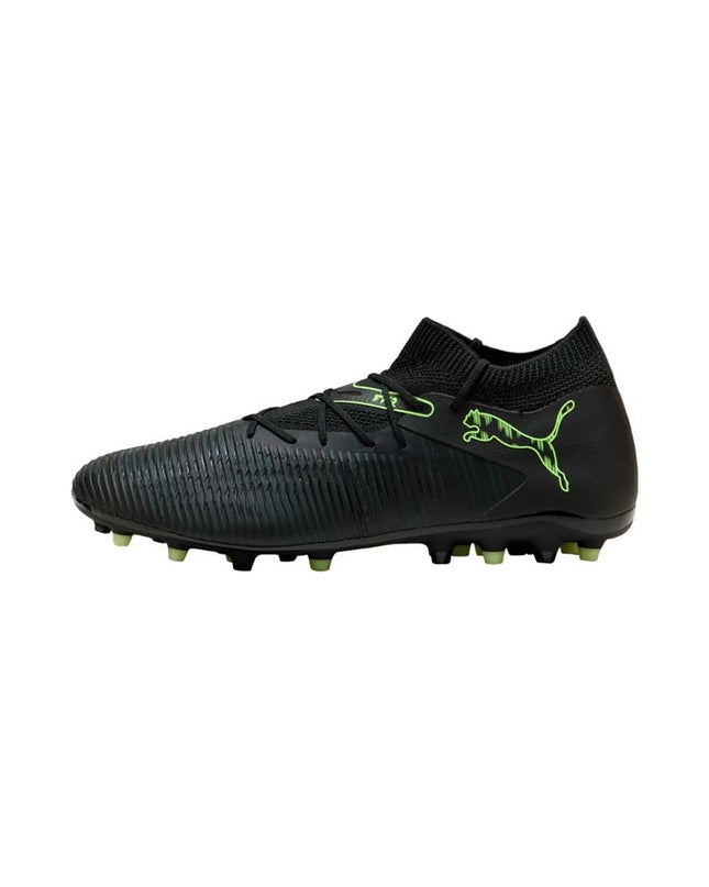 Black Puma Future 8 Match MG adult football shoes for outdoor soccer, featuring a sleek design and durable outsole.