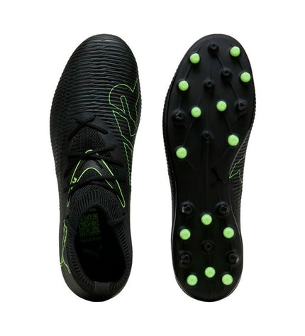 Black Puma Future 8 Match MG adult football cleats with textured upper and studded sole for outdoor soccer play.