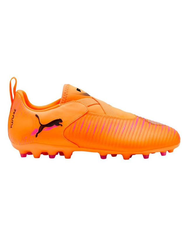 Adult Puma Future 8 Match LL MG soccer cleats for outdoor football, showing the black and white design with studded sole.