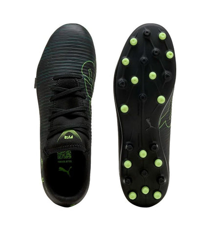 Black Puma Future 8 Play MG adult football shoes for outdoor soccer, featuring a sleek design and sport-ready features.