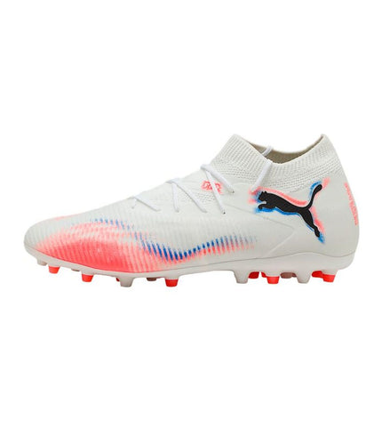 Adult Puma Future 8 Match Mg football boots for outdoor soccer, featuring a sleek black design and textured upper for grip.