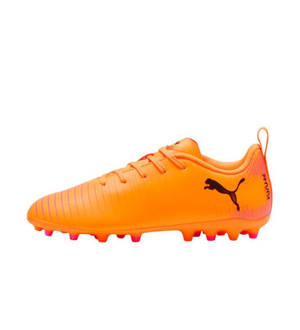 Puma Future 8 Play MG Heat Fire football sports shoes for kids, black with red accents, designed for outdoor soccer playing.