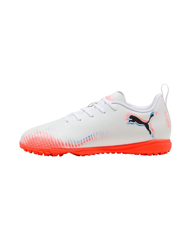 Puma Future 8 Play Tt kids' soccer cleats for outdoor football, featuring black and orange design for young players.