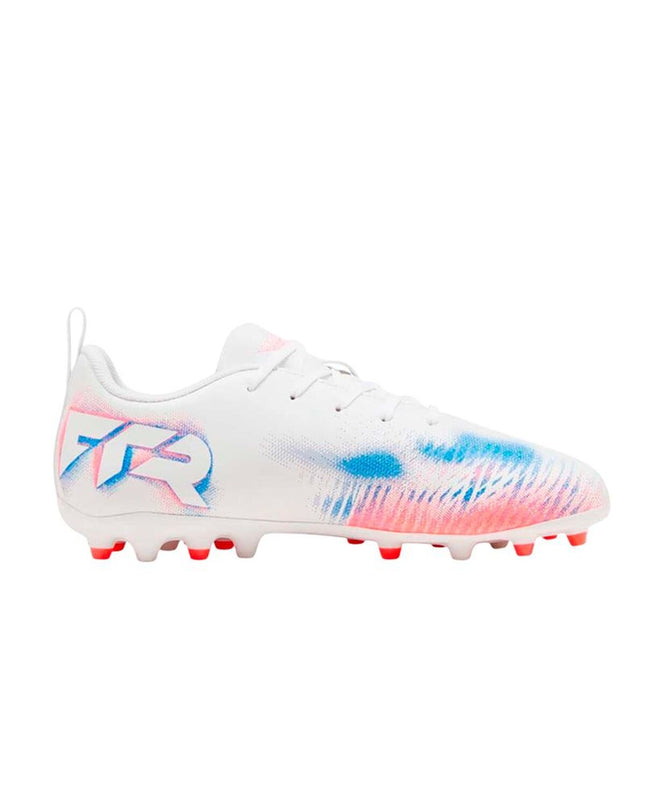 Puma Future 8 Play Mg white soccer cleats for kids, sport and outdoor football shoes with grip and lightweight design.