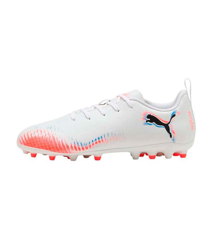 Puma Future 8 Play Mg white soccer cleats for kids, designed for outdoor football, with durable sole and sporty style.