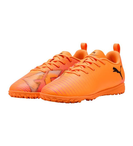 Puma Future 8 Play Tt Heat Fire football soccer shoes for kids, black and orange sport footwear with studded sole.