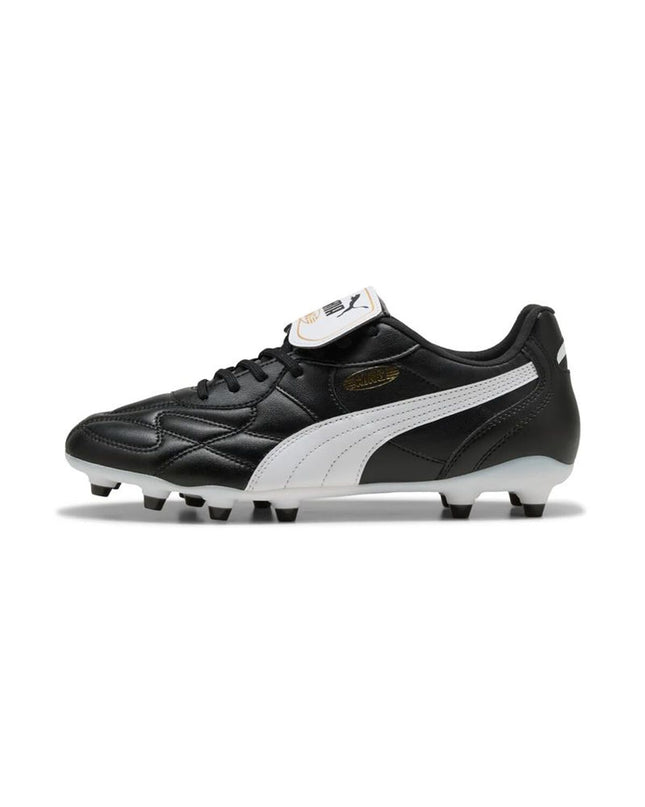 Adult Puma King Top FG/AG soccer cleats with black and white design, suitable for outdoor and indoor football matches.
