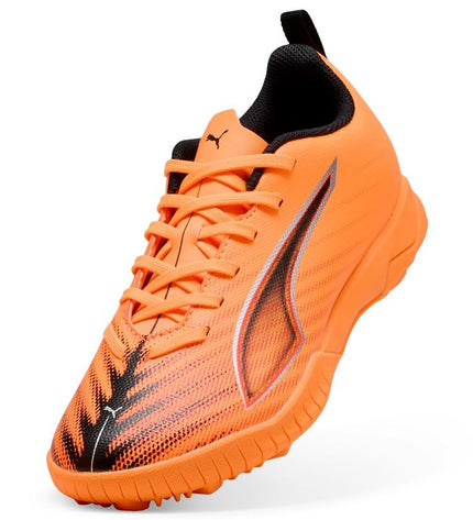Puma Ultra 6 Play Tt Heat Fire- B soccer cleats for kids, in vibrant orange and black, designed for outdoor football games.