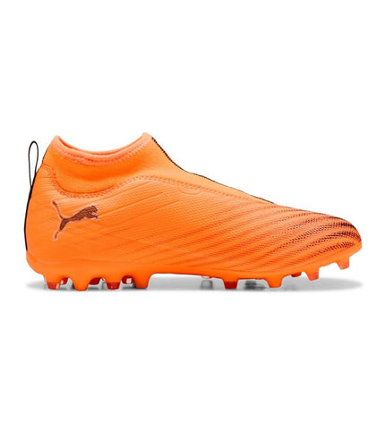 Adult Puma Ultra 6 Match+ football boots for outdoor soccer, showcasing the lightweight design and black and white color scheme.