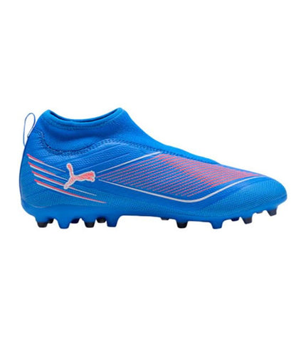 Puma Ultra 6 Match+ blue football shoes for kids, designed for outdoor soccer with lightweight, durable outsole and firm grip.