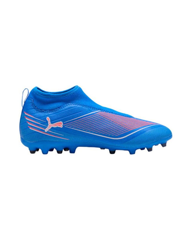 Puma Ultra 6 Match+ blue football shoes for kids, designed for outdoor soccer with lightweight, durable outsole and firm grip.
