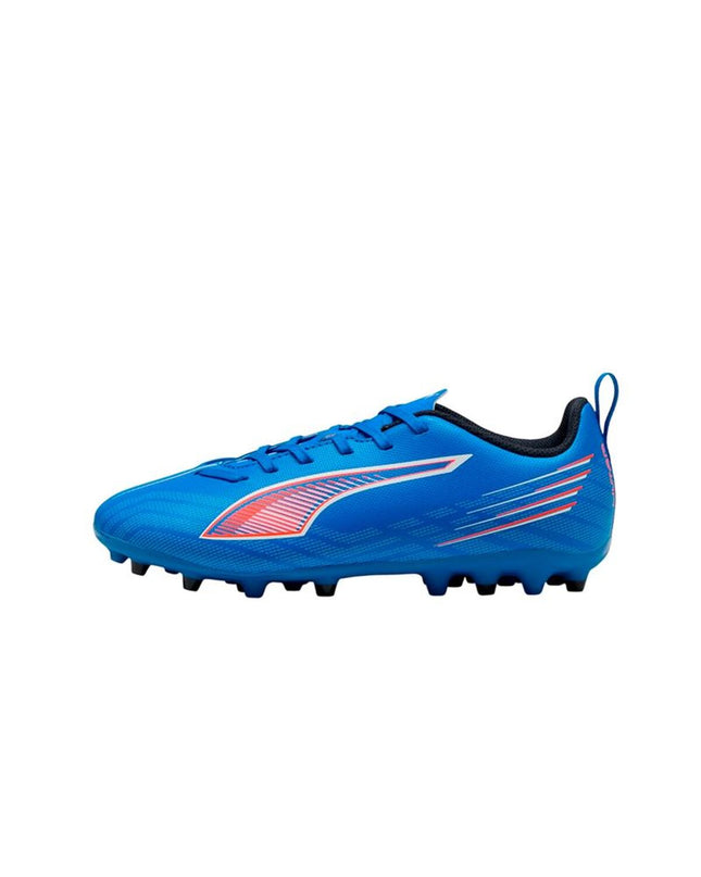 Puma Ultra 6 Play Mg soccer cleats in black and white, designed for outdoor football, featuring lightweight sport shoe design.
