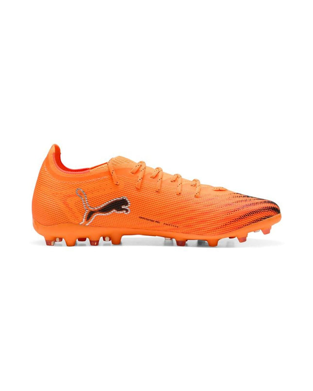 Puma Ultra 6 Pro MG heat fire black soccer shoes for adults, black and heat fire orange design for outdoor football play