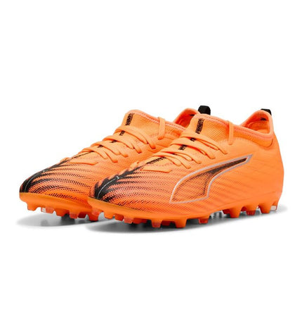 Puma Ultra 6 Match MG heat fire soccer cleats with fiery orange and black design for outdoor football play.