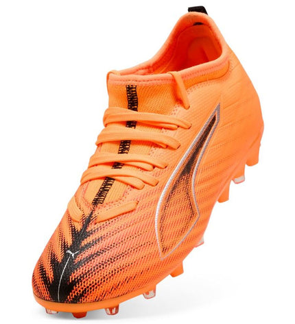 Puma Ultra 6 Match MG Heat Fire football cleats for outdoor soccer, with black and orange design and textured sole.