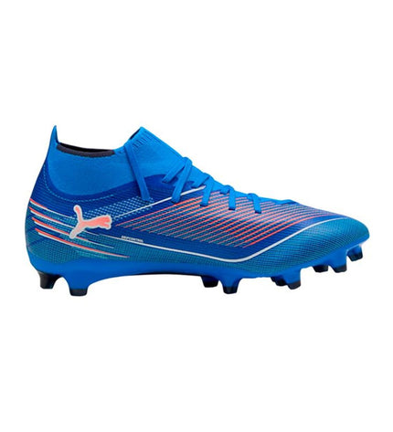 Puma Ultra 6 Match+ adult soccer cleats in black with white accents, designed for outdoor football games.