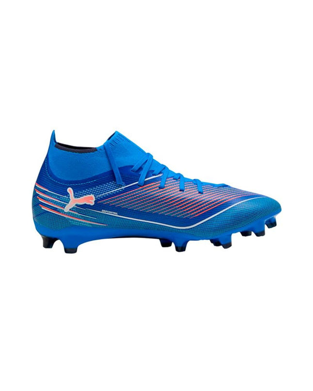 Puma Ultra 6 Match+ adult soccer cleats in black with white accents, designed for outdoor football games.