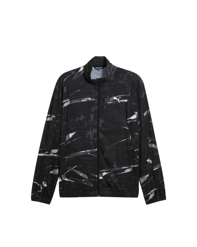 Puma men's Run Velocity AOP sports jacket in black with colorful abstract pattern, designed for outdoor running and athletic activities.
