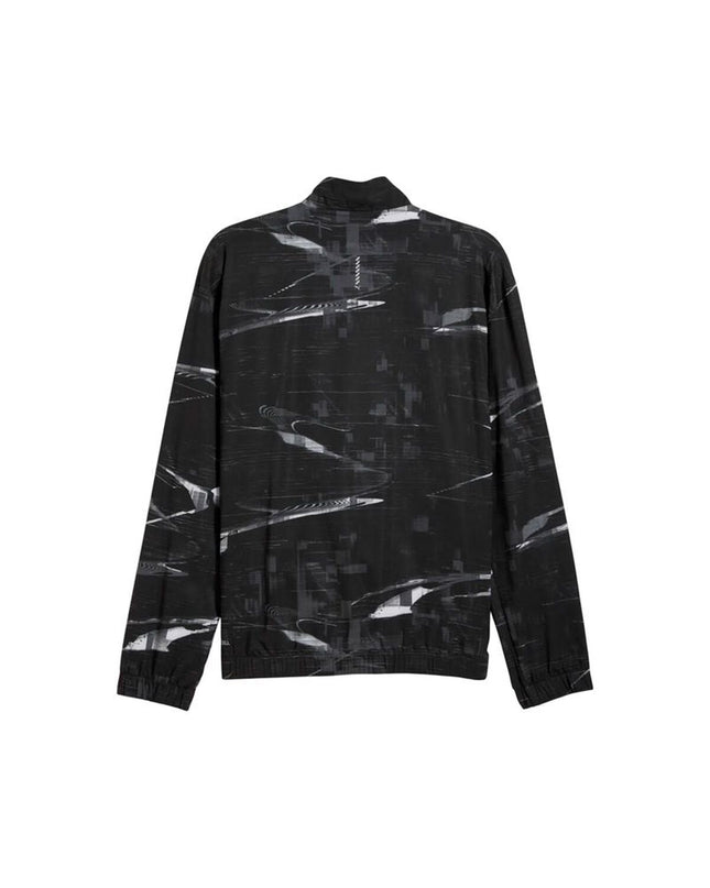 Puma men's sport jacket in black with colorful abstract patterns, designed for running and outdoor activities.