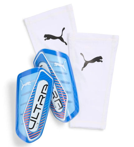 Puma Ultra Flex Sleeve football shin guards for sport and outdoor use, shown in black with logo details.