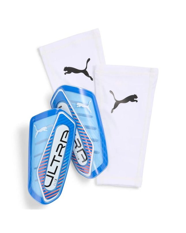 Puma Ultra Flex Sleeve football shin guards for sport and outdoor use, shown in black with logo details.