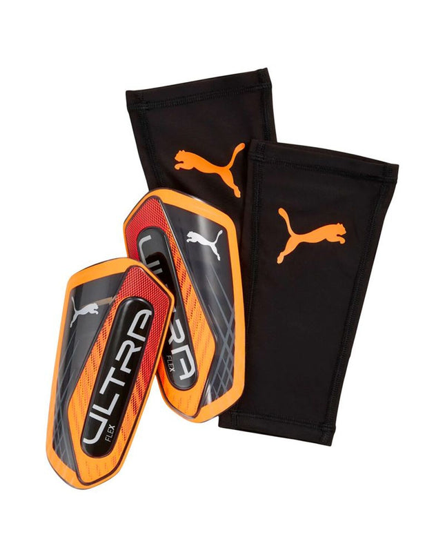 Black Puma Ultra Flex soccer shin guards with flexible design, suitable for sport and outdoor football activities.