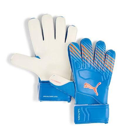 Blue Puma Ultra Play Rc goalkeeper gloves for adults, designed for soccer and outdoor sports.