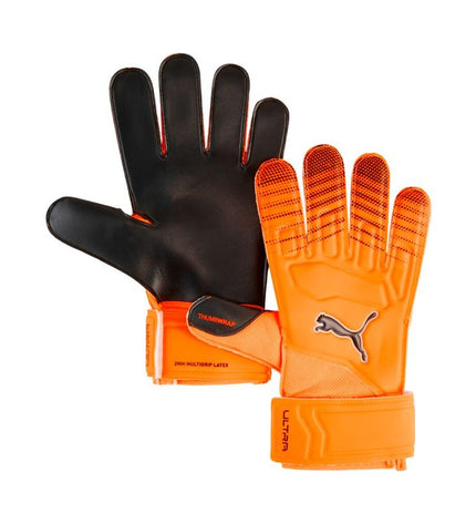 Puma Ultra Play Rc goalkeeper gloves in black and orange for adults, designed for soccer and outdoor sports.