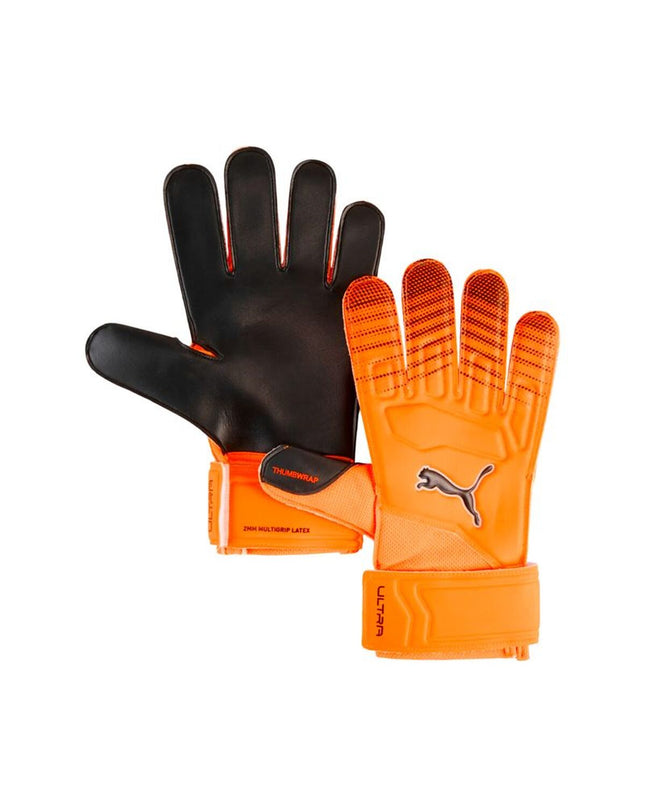 Puma Ultra Play Rc goalkeeper gloves in black and orange for adults, designed for soccer and outdoor sports.