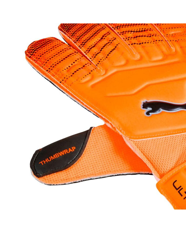 Black and orange Puma Ultra Play RC goalkeeper gloves for adults, designed for soccer and outdoor sports.