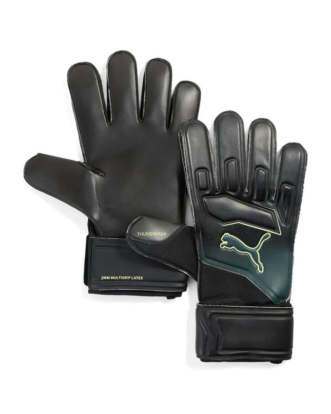 Black Puma Ultra Play RC goalkeeper gloves for adults, designed for soccer and outdoor sports, with padded palms and flexible fit.
