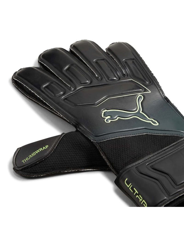 Black Puma Ultra Play RC goalkeeper gloves for adults, designed for soccer, with padded palms and secure wrist closure.