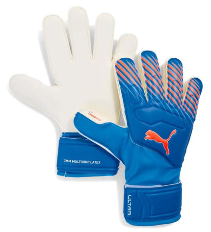 Blue Puma Ultra Match Pro goalkeeper gloves for adults, designed for soccer, with padded palms and a snug fit.