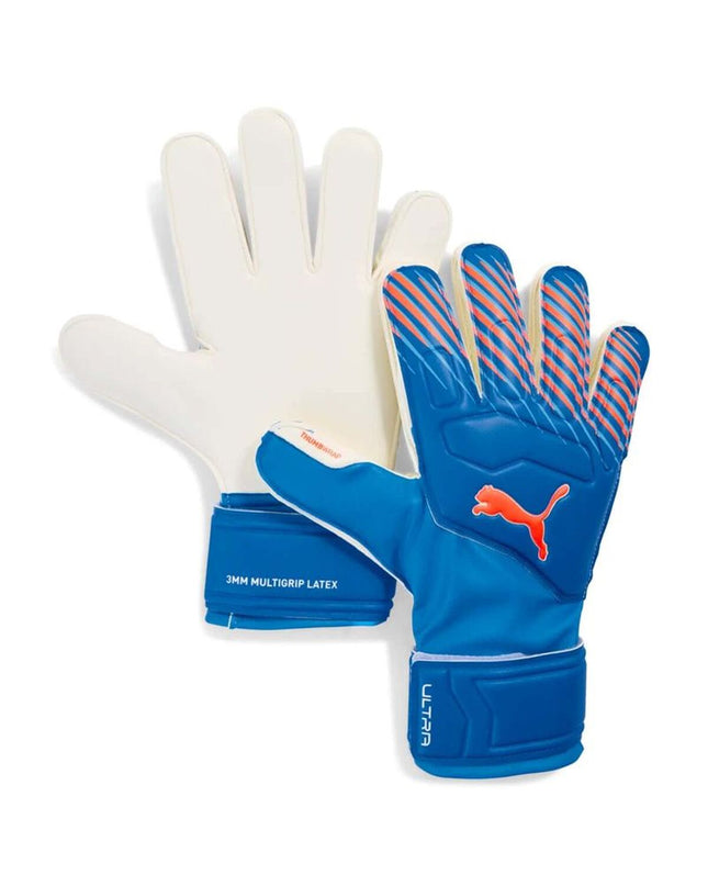 Blue Puma Ultra Match Pro goalkeeper gloves for adults, designed for soccer, with padded palms and a snug fit.
