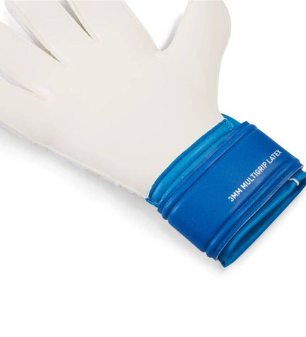 Puma Ultra Match Pro goalkeeper gloves in blue, designed for adult soccer players, with padded palms and secure wrist straps.