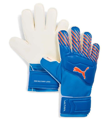 Blue Puma Ultra Match Pro goalkeeper gloves for adults, designed for soccer, with padded palms and adjustable wrist straps.