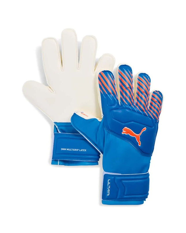 Blue Puma Ultra Match Pro goalkeeper gloves for adults, designed for soccer, with padded palms and adjustable wrist straps.