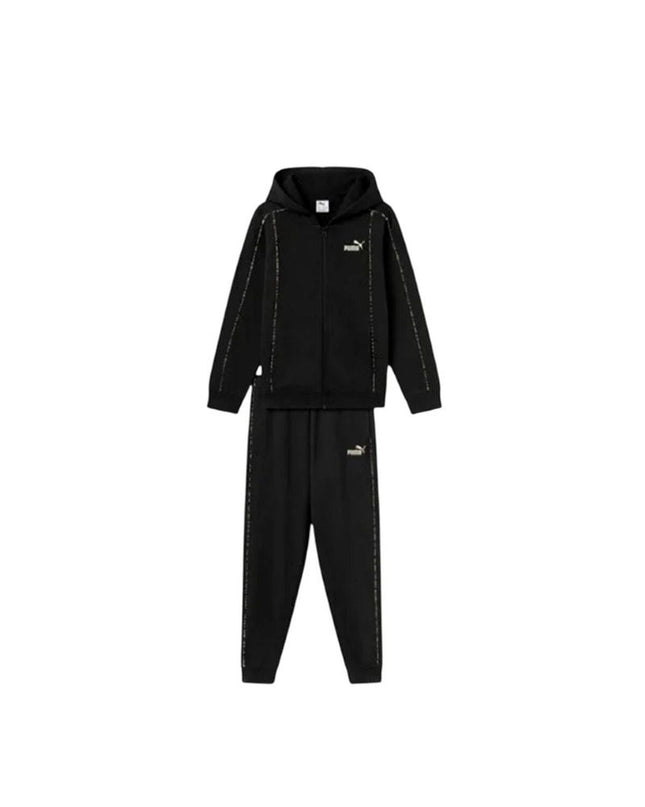 Black Puma children's jogging tracksuit, sport and outdoor activewear for kids, featuring comfortable fabric and sporty design.