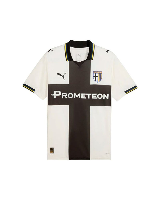 White Puma Parma Calcio men's short-sleeve football T-shirt for sport and outdoor activities, featuring team logo and breathable fabric.