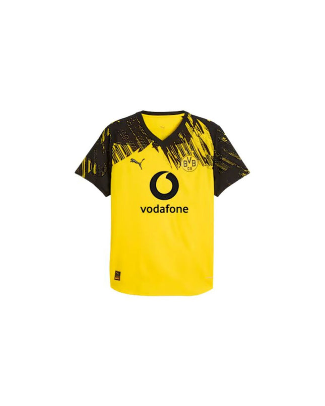 Puma Borussia Dortmund short-sleeve football T-shirt for men, sporty design, black with club logo, ideal for football and outdoor activities.